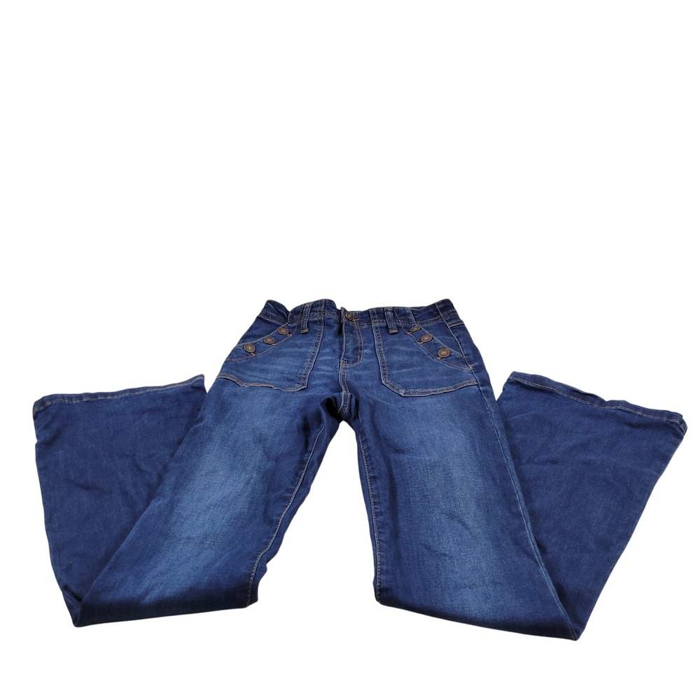 Happily Grey Flare Jeans Womens 1/25 Blue Excellent Sailor Button Wide Leg